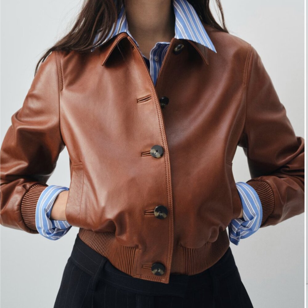 Mango Brown Leather Bomber Jacket
